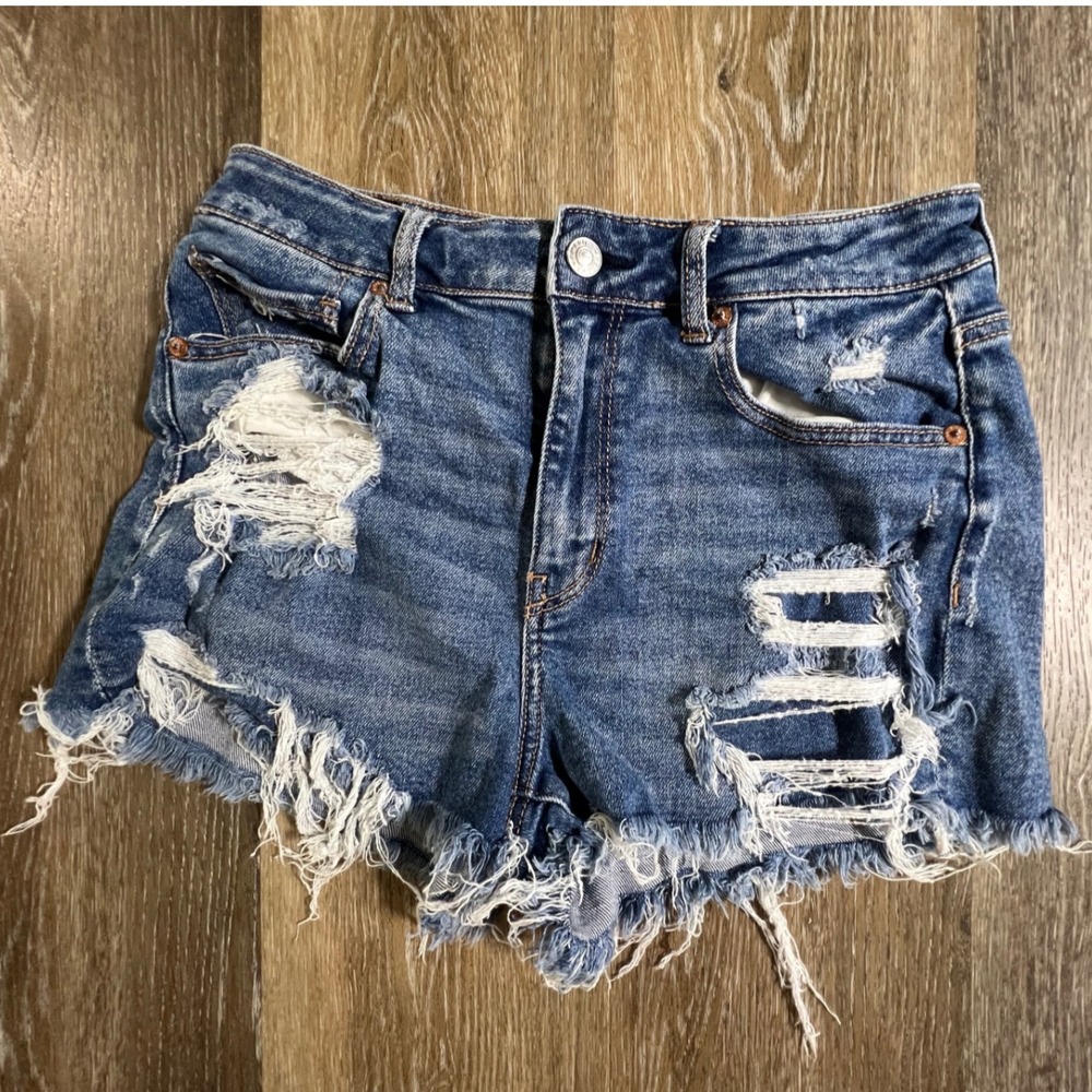 American Eagle Denim Shorts Womens 8 Blue Distressed High Waisted Stretch 4659